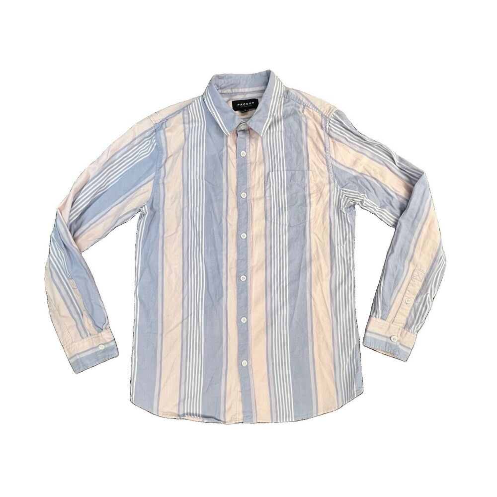 PACSUN LONG-SLEEVE BUTTON SHIRT MEDIUM STRIPED BLUE PINK COTTON COASTAL SURF